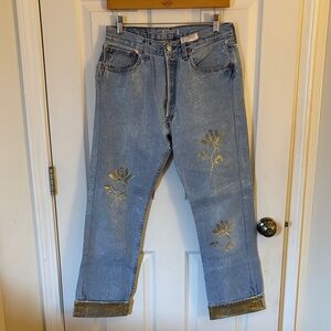 Vintage Levi’s Straight Leg Jeans • Floral Print • 14.5″ Waist • Custom Detail
